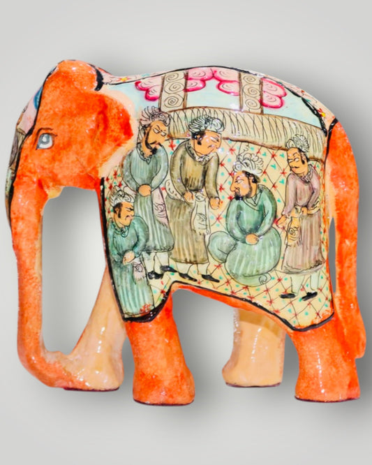 Orange Paper Mache Embossed Darbar Design Elephant
