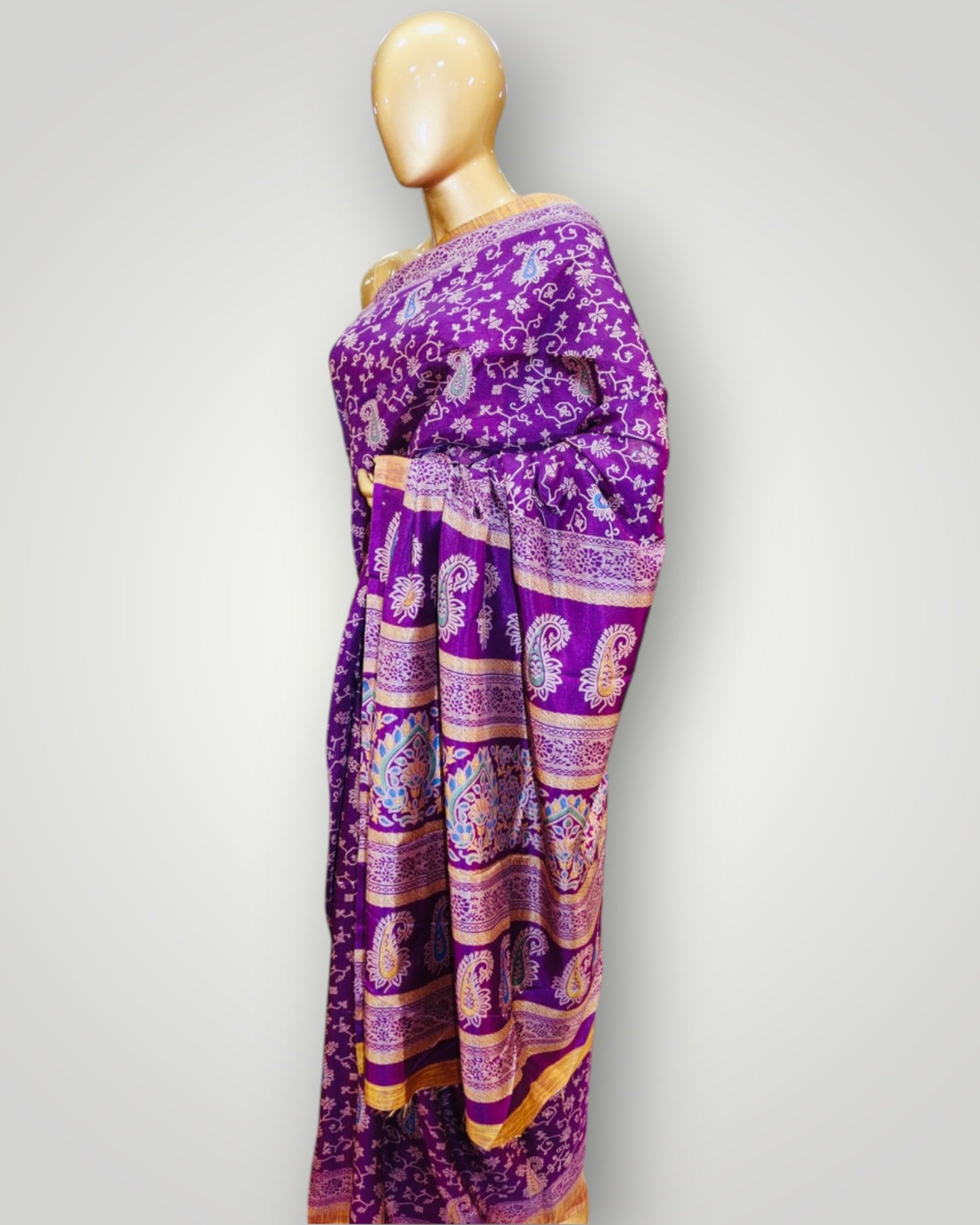 Purple All Over Printed Silk Saree
