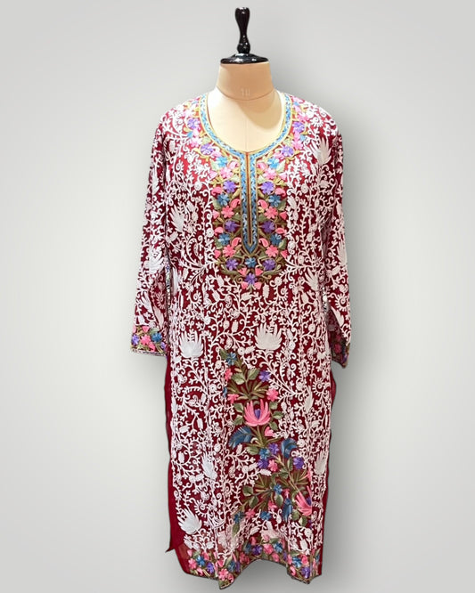 Red Floral Georgette Top Suit With Hand Embroidered Ari Work