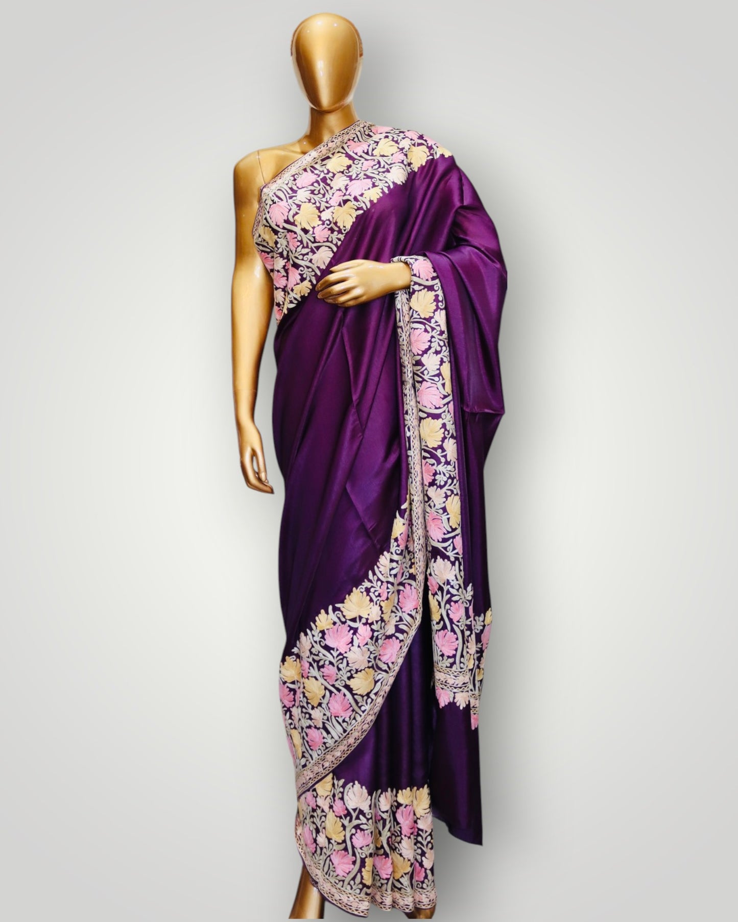 Purple Chinar Leaf Silk Ari Work Saree