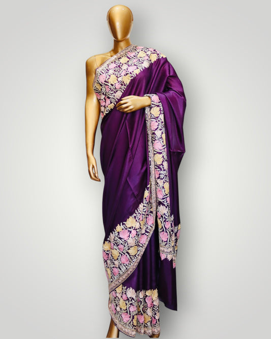 Purple Chinar Leaf Silk Ari Work Saree