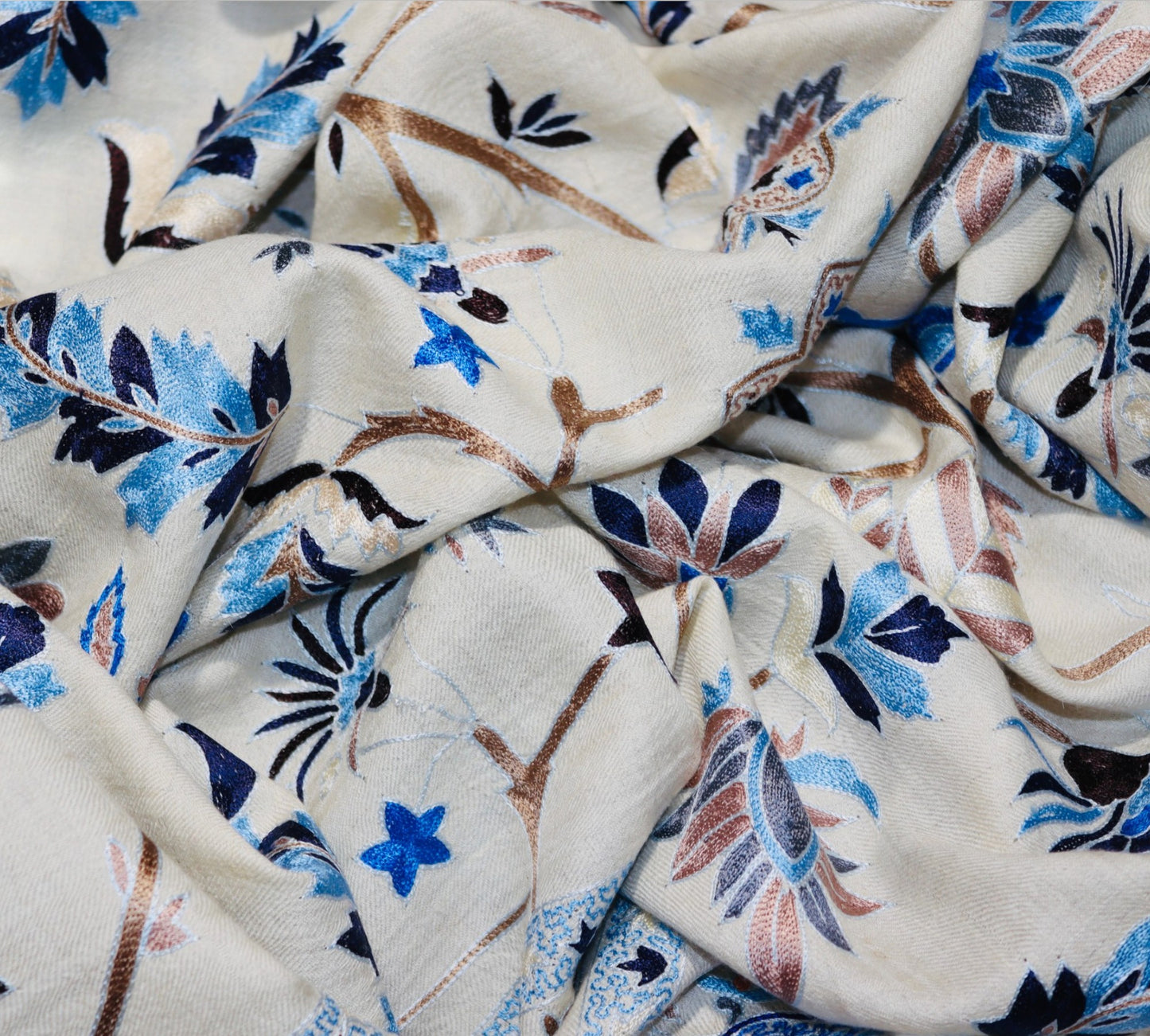 White Floral Pure Pashmina Handmade Kalamkari Shawl