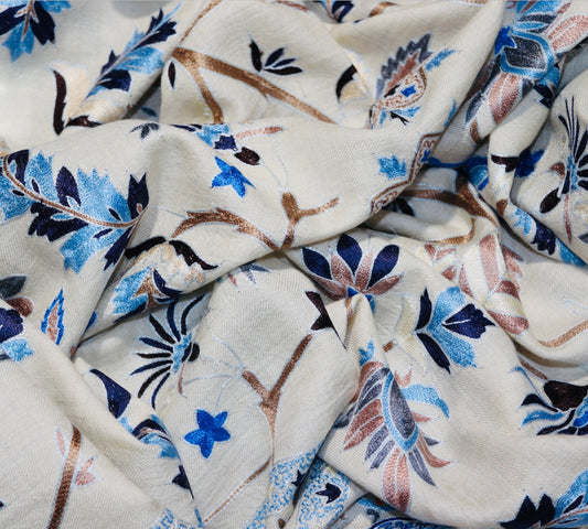 White Floral Pure Pashmina Handmade Kalamkari Shawl