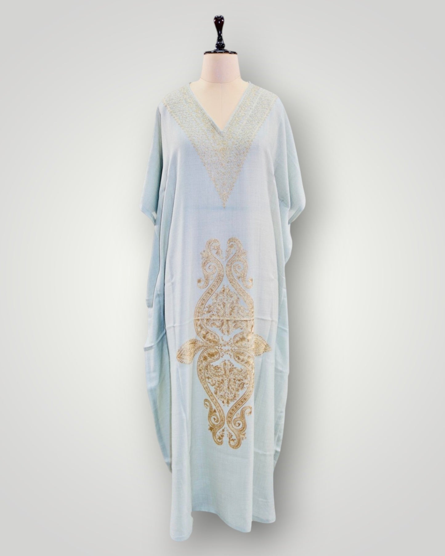 Sky Blue Super Fine Cashmere Ari Paisley Long Kaftan