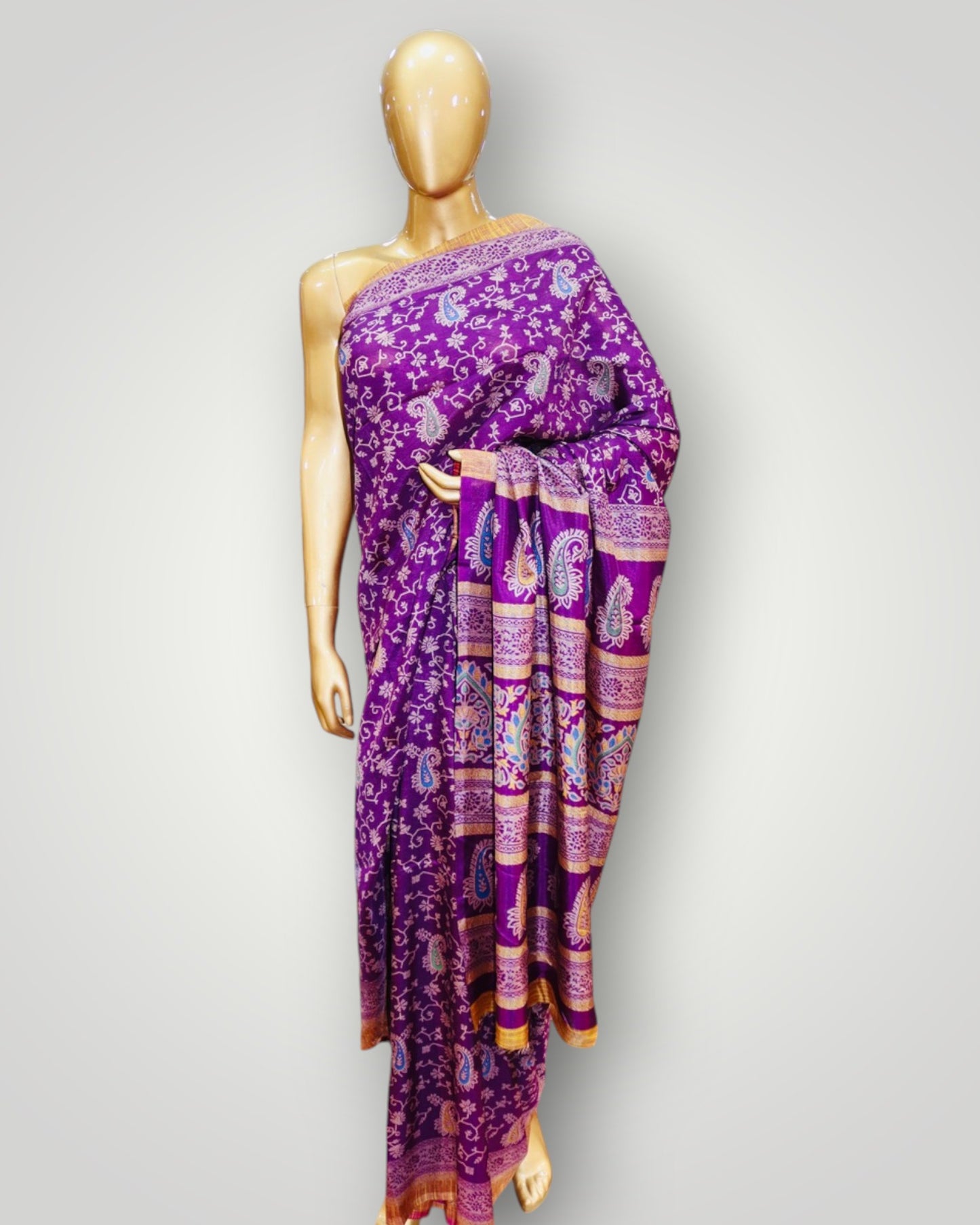 Purple All Over Printed Silk Saree