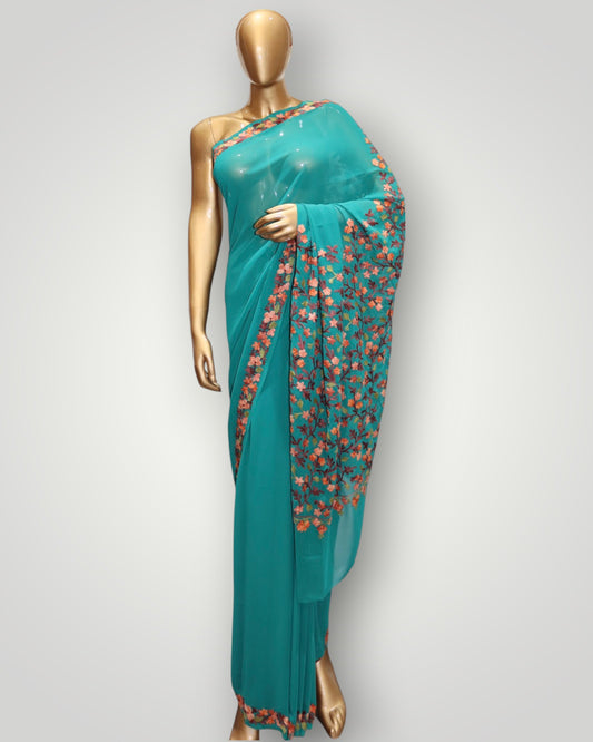 Deep Teal Georgette Ari Work Saree