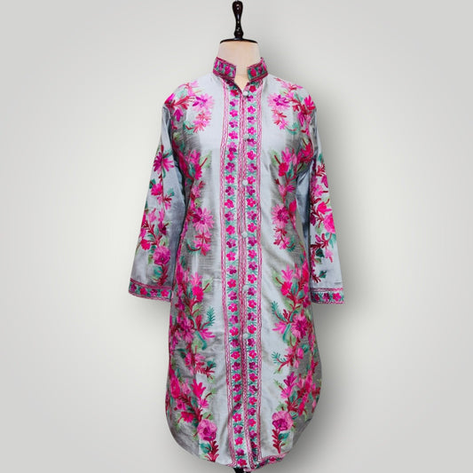 Grey Hand Embroidered Silk Ari Poshkaar Long Jacket