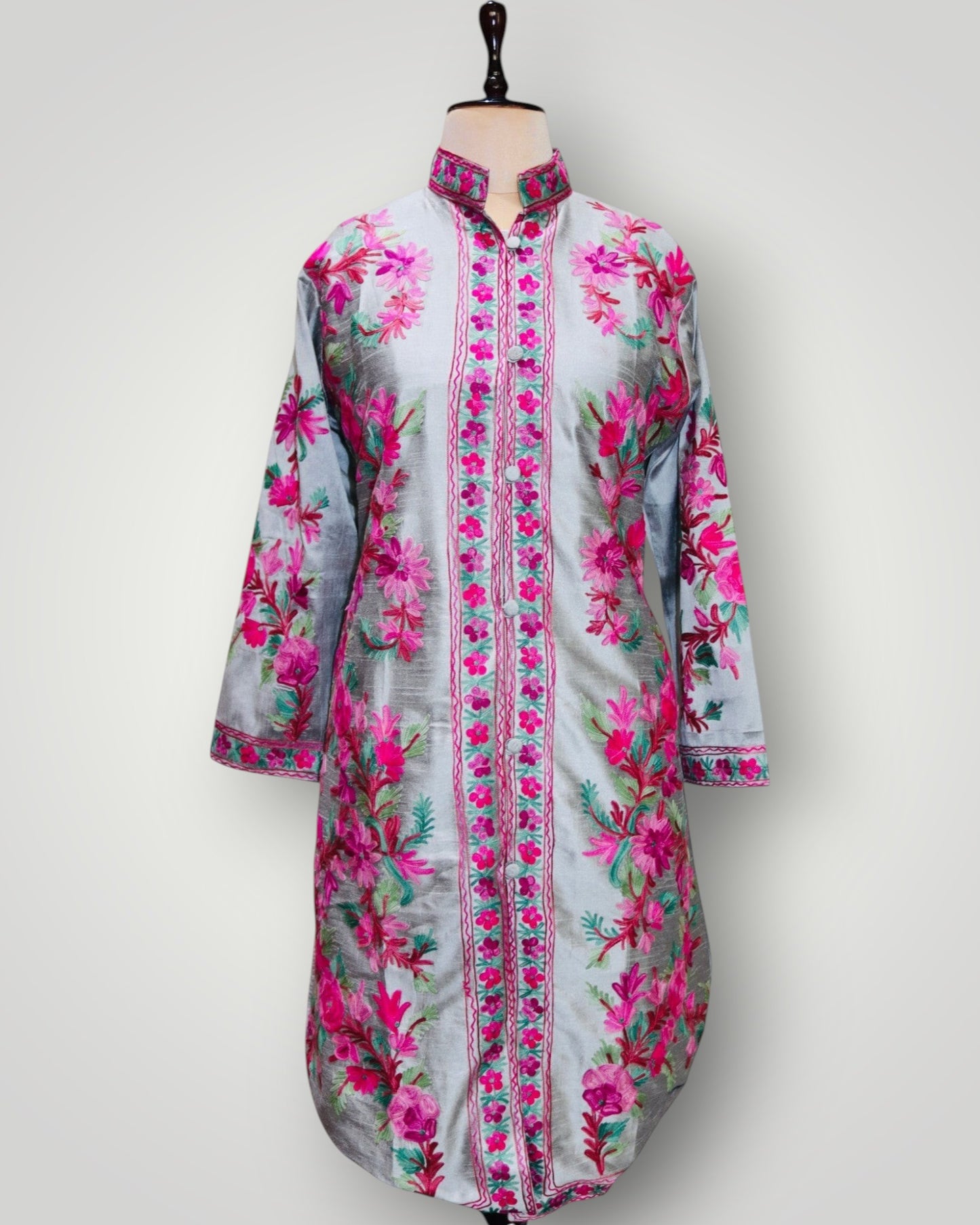 Yellow Hand Embroidered Silk Ari Poshkaar Jali Long Jacket