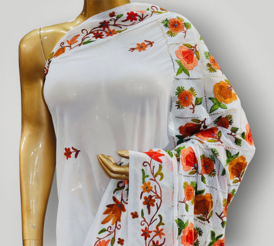 White Georgette Ari Cut Work Saree