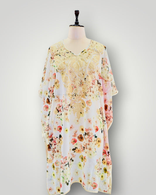 White Georgette Printed Ari Short Kaftan