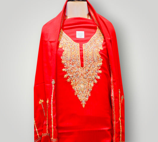 Red Pure Wool Tilla Suit With Dupatta