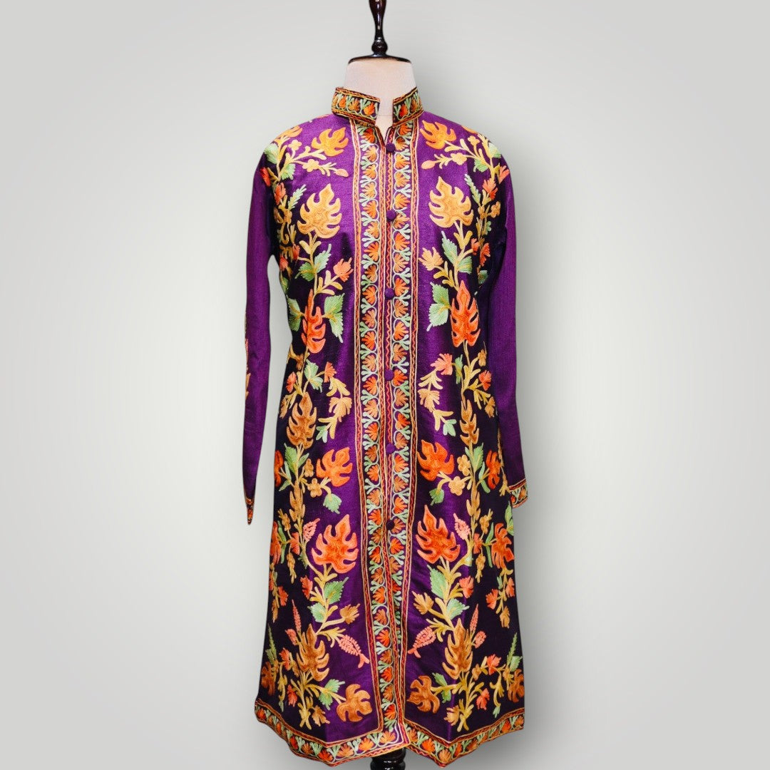 Grey Hand Embroidered Silk Ari Poshkaar Long Jacket