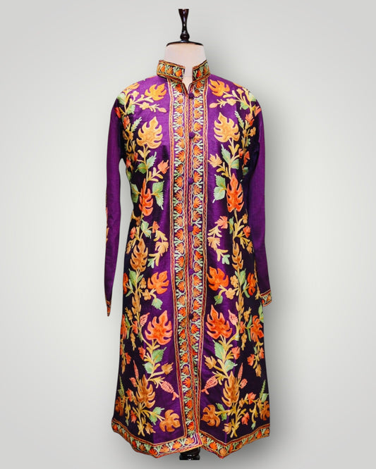 Purple Hand Embroidered Silk Ari Chinar Long Jacket