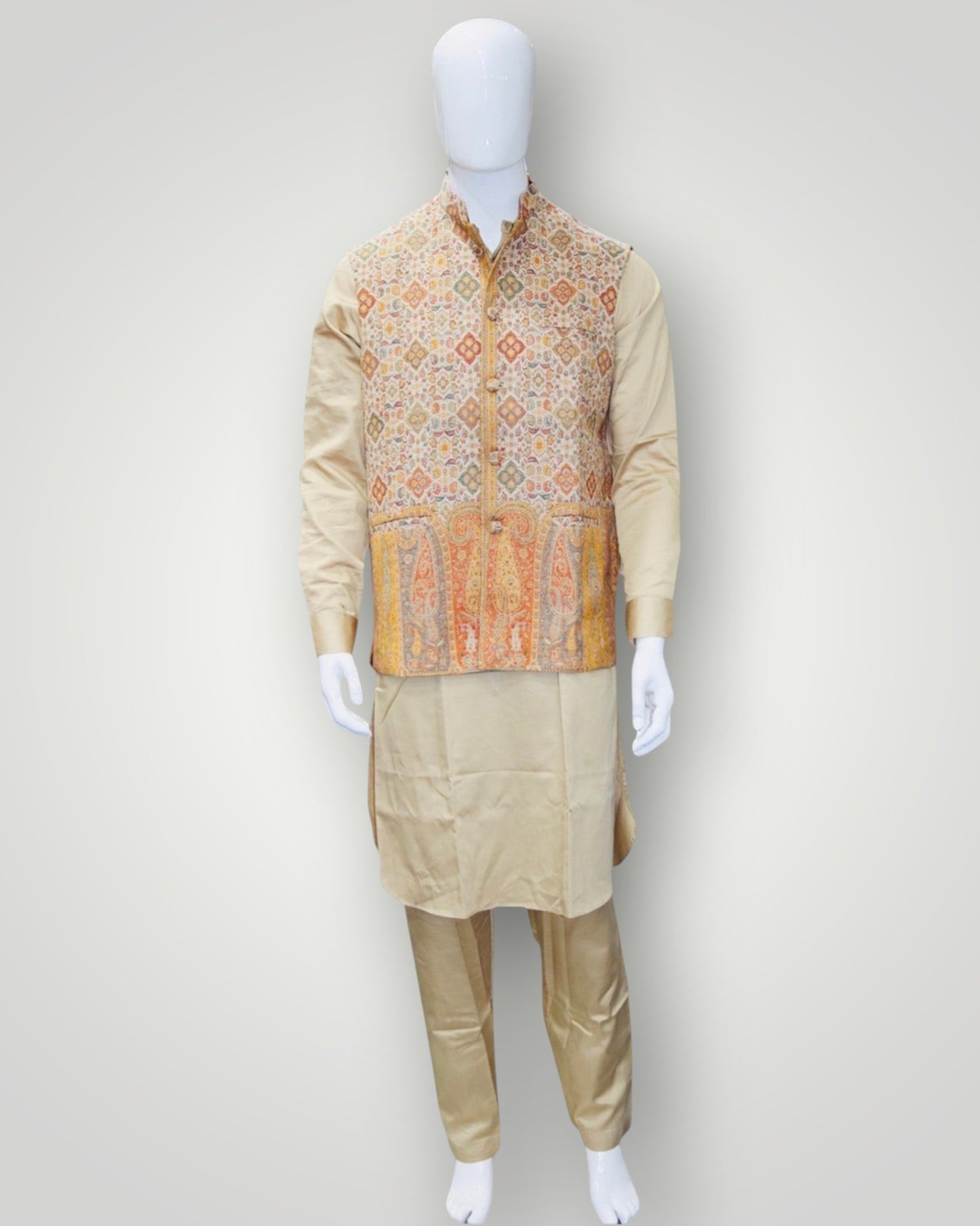 Orange Kani Embroidered Jamawar Waistcoat