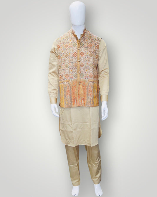 Beige Kani Embroidered Jamawar Waistcoat