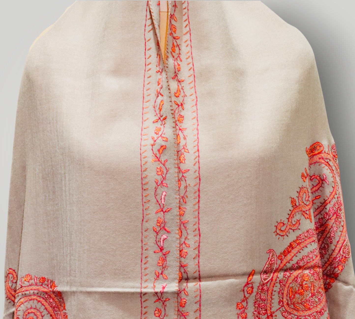 Beige Pure Wool Handwork Sozni Designer Shawl