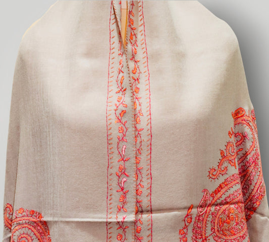Beige Pure Wool Sozni Shawl