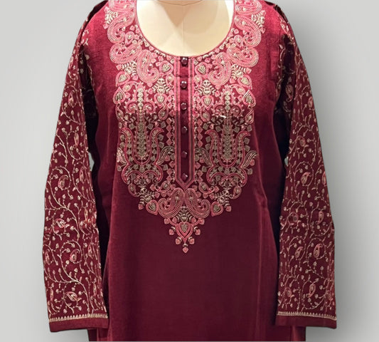 Maroon Embroidered Ari Work Pheran