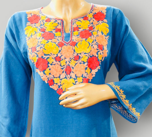 Blue Handwork Ari Wool Pheran