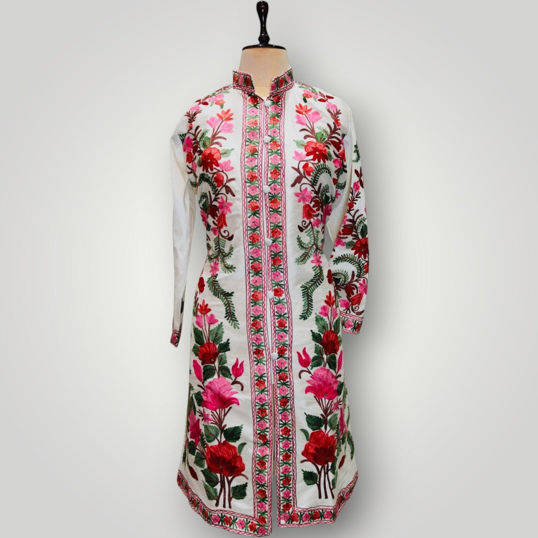 Grey Hand Embroidered Silk Ari Poshkaar Long Jacket
