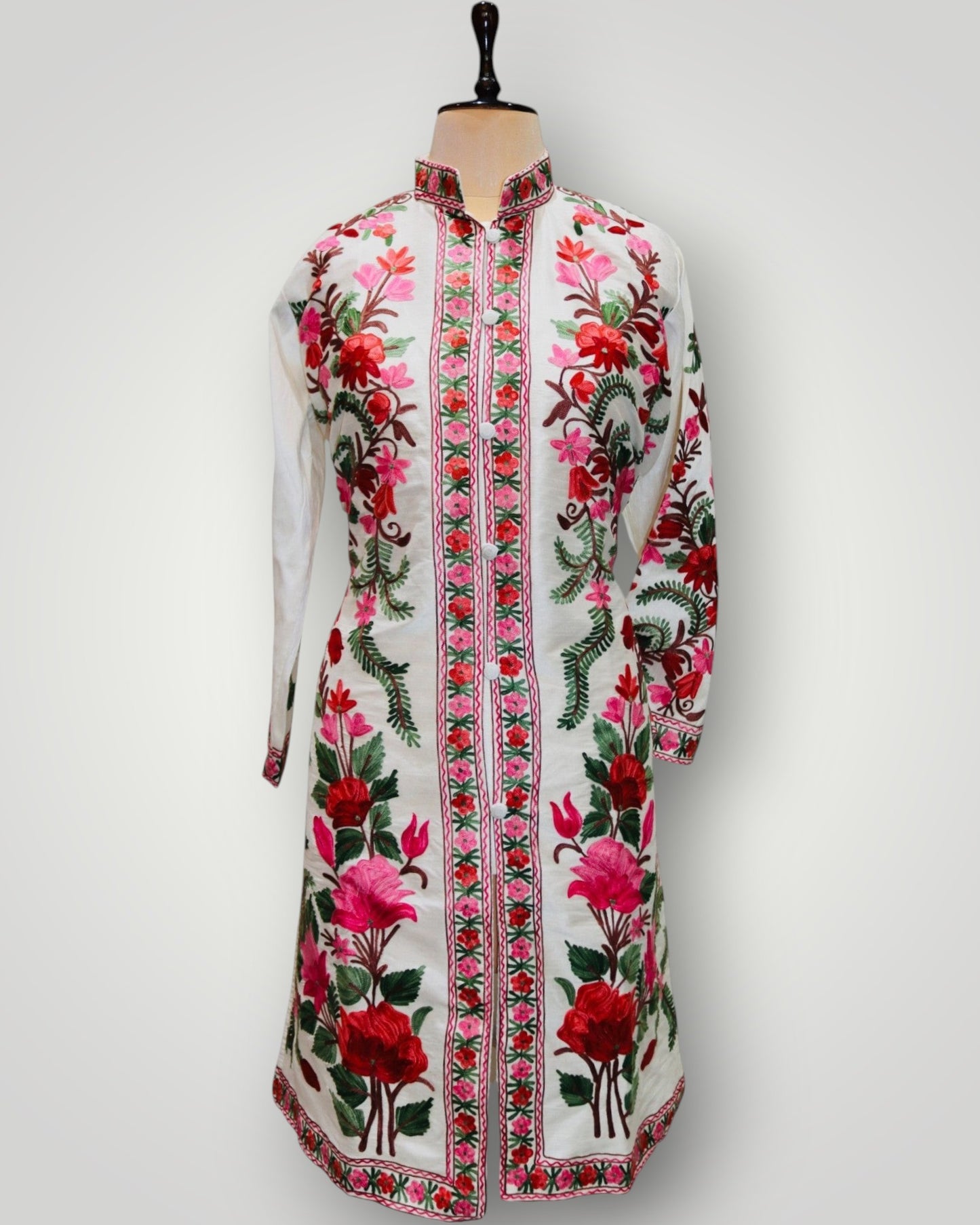 White Hand Embroidered Silk Ari Poshkaar Long Jacket