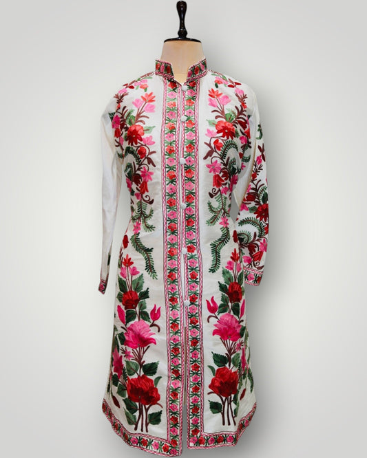 White Hand Embroidered Silk Ari Poshkaar Long Jacket
