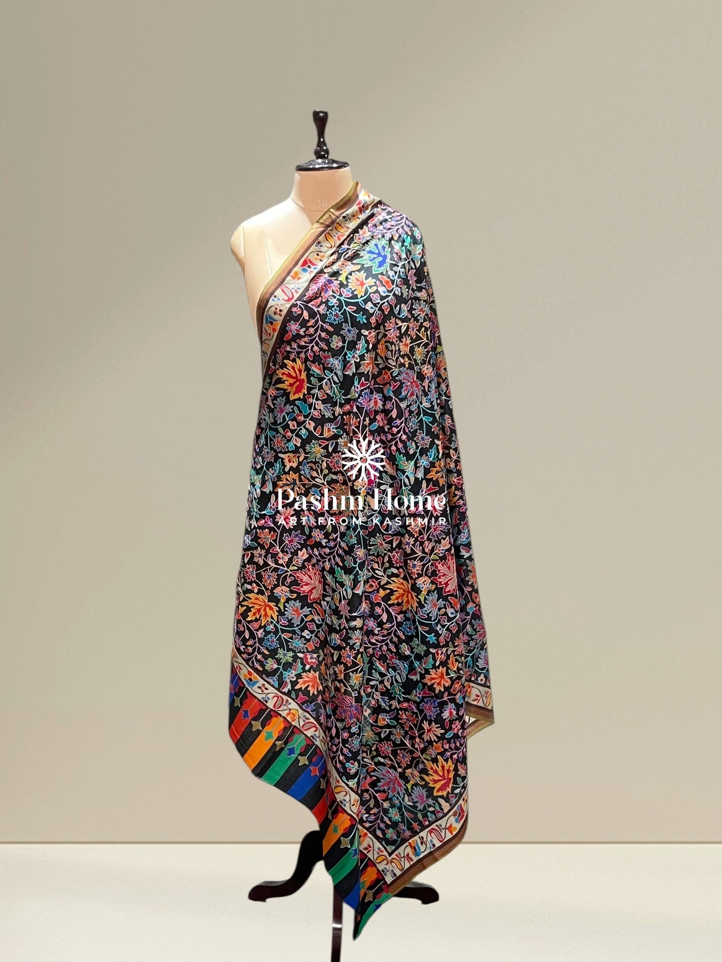 Black Multicolour Fine Wool Kalamkari Shawl