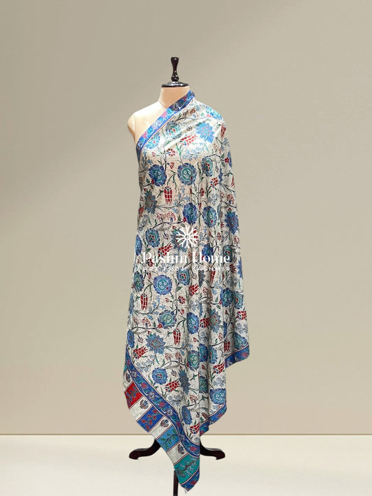 White And Blue Fine Wool Kalamkari Shawl
