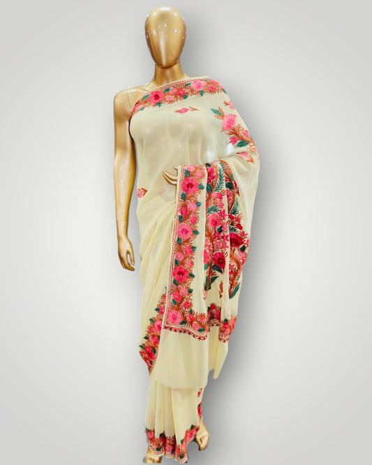Cream Beige Georgette Ari Saree