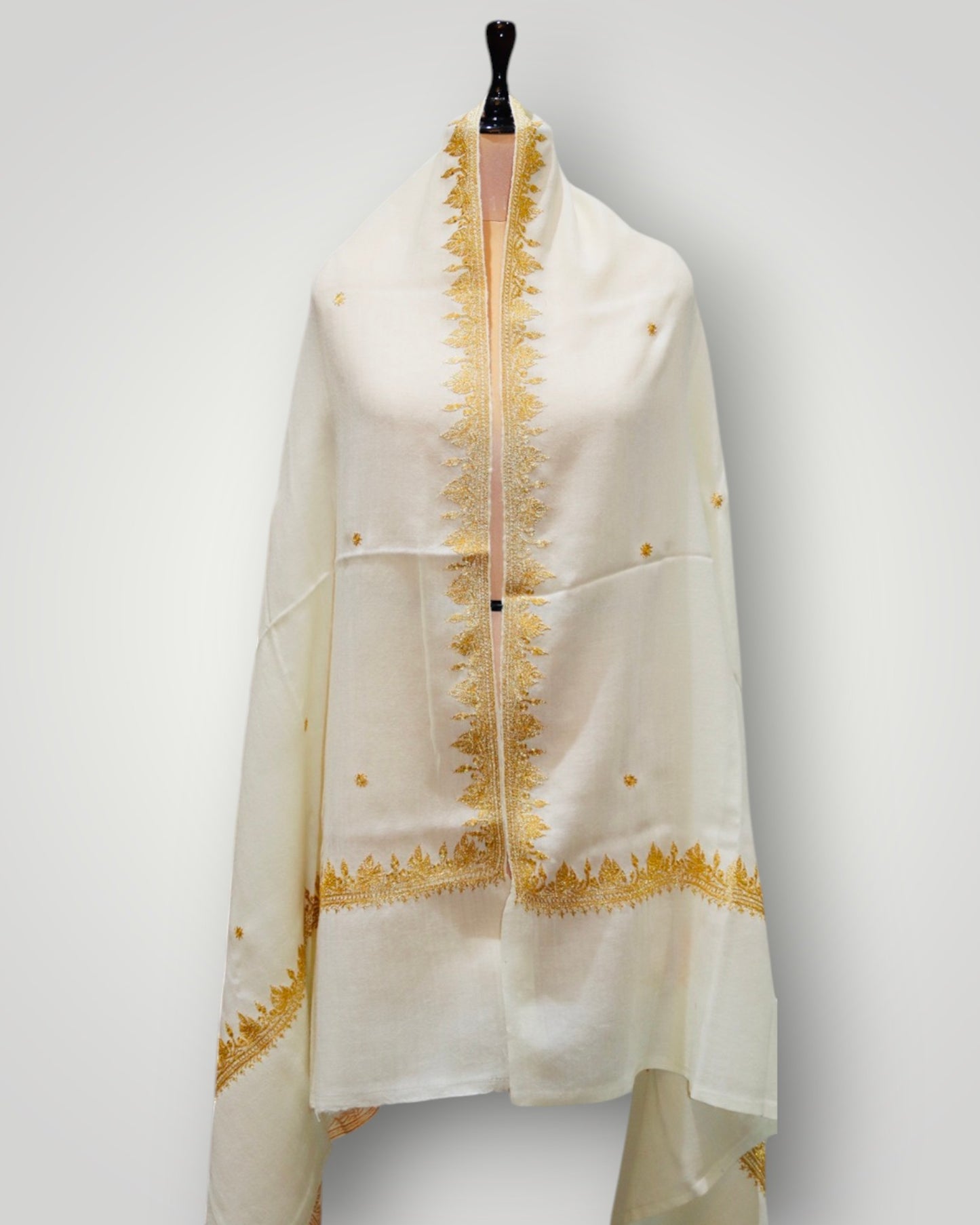 White Toosha Sozni Tilla Handmade Shawl