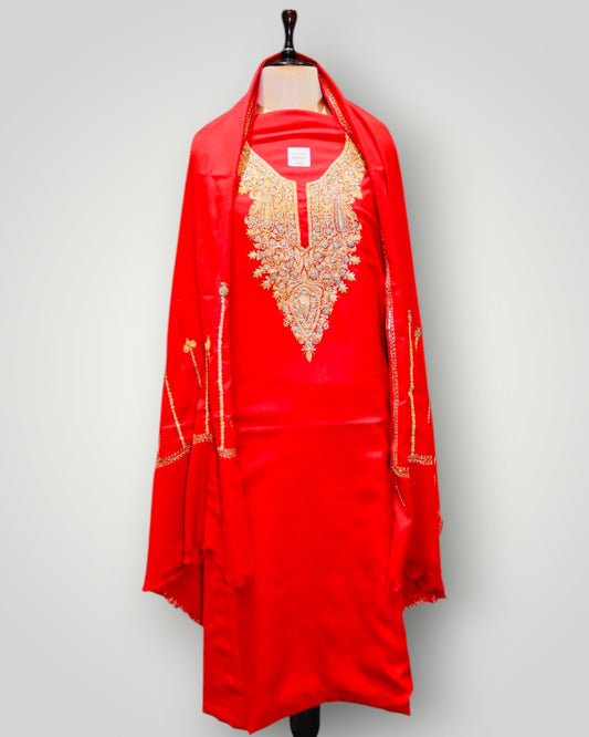 Red Pure Wool Tilla Suit With Dupatta