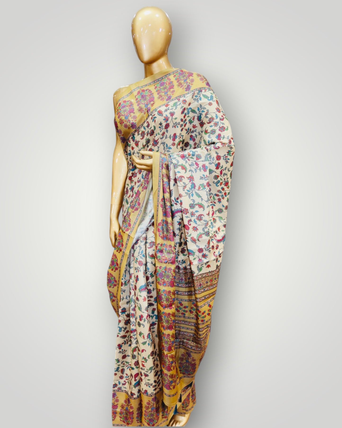 Beige Digital Print Silk Saree