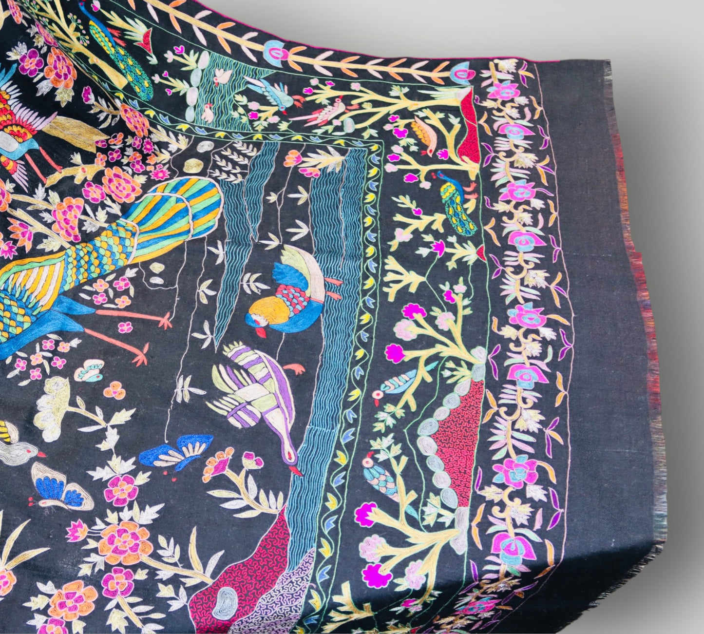 Black Birds Design Pure Pashmina Handmade Kalamkari Shawl