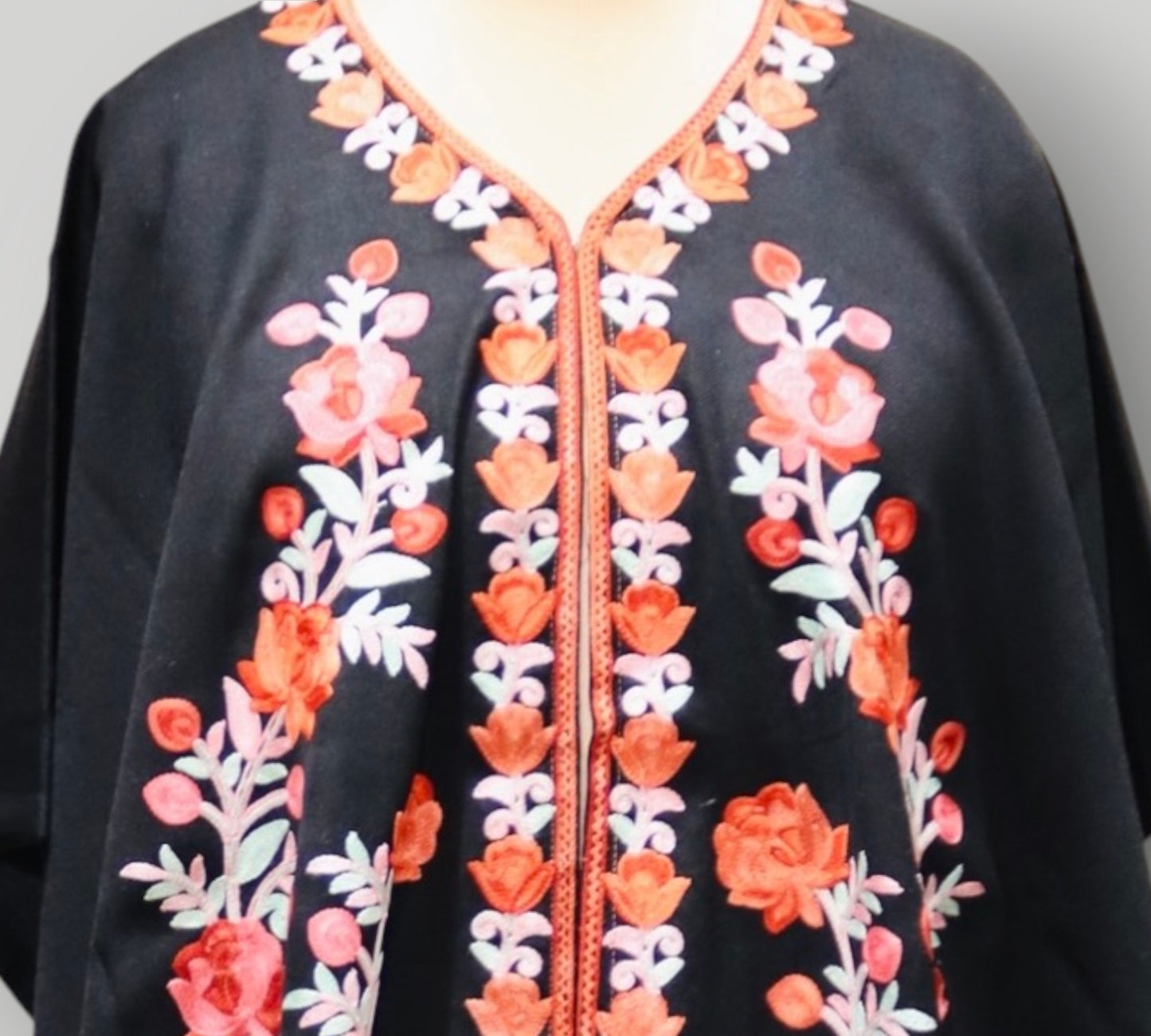 Black Cape Shawl With Multicolour Embroidery