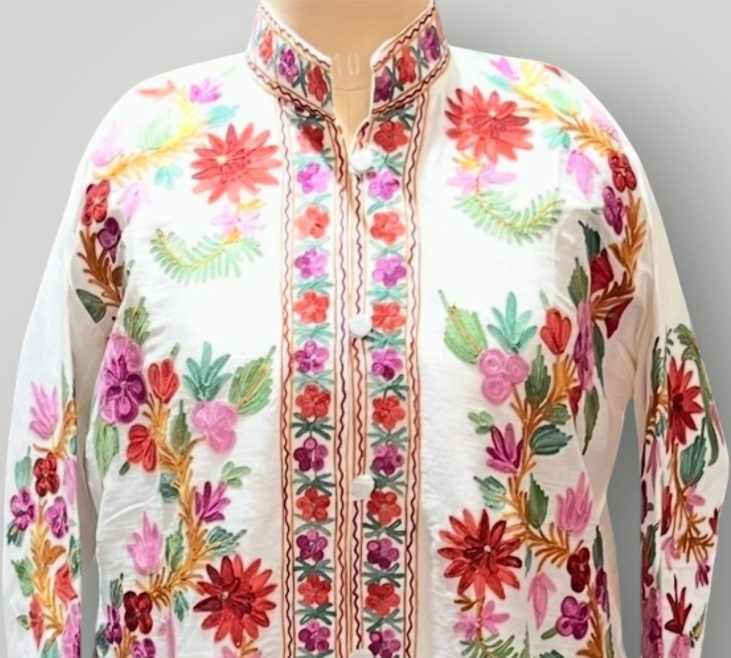 White Cashmere Silk Hand Embroidered Ari Long Jacket