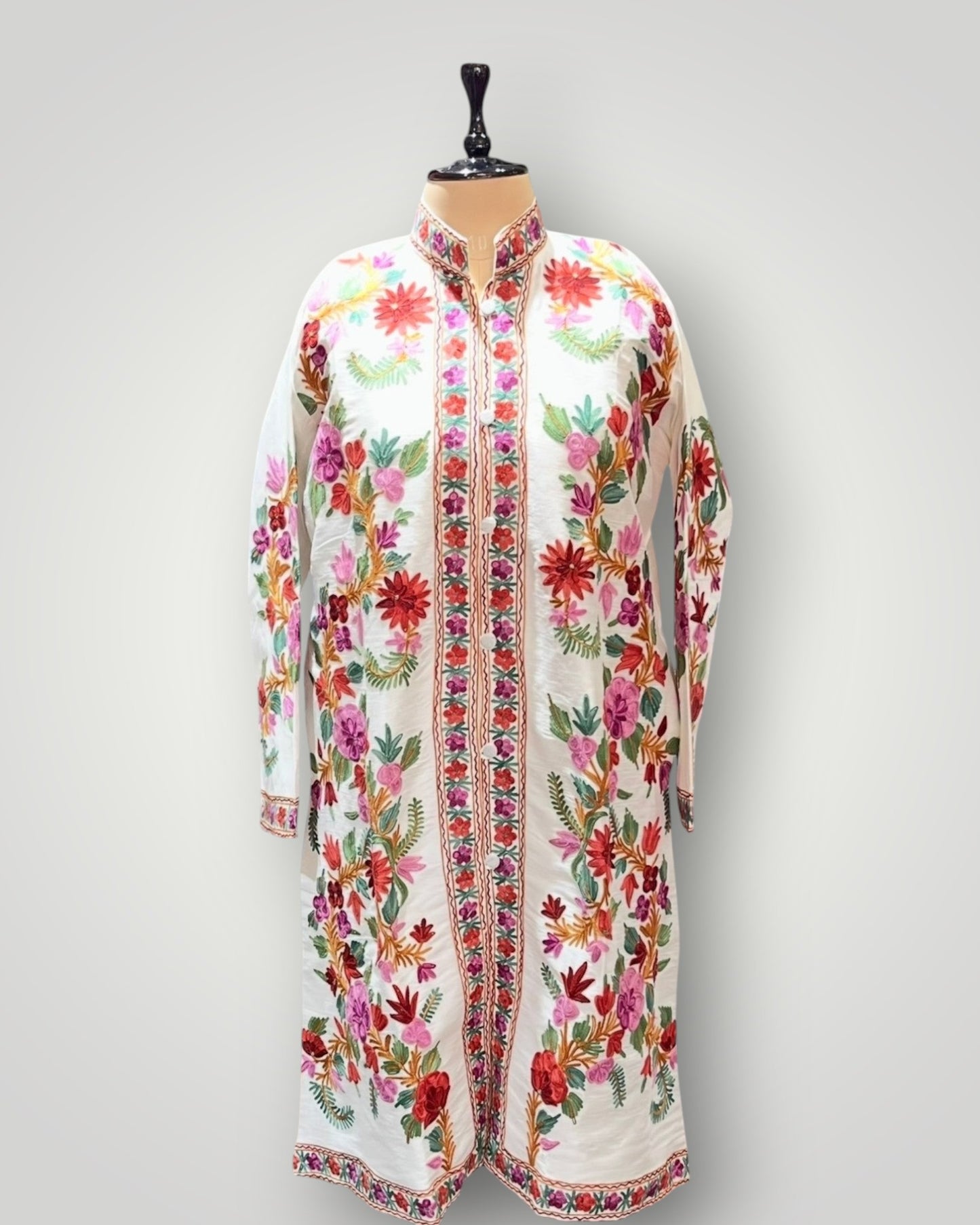 White Cashmere Silk Hand Embroidered Ari Long Jacket