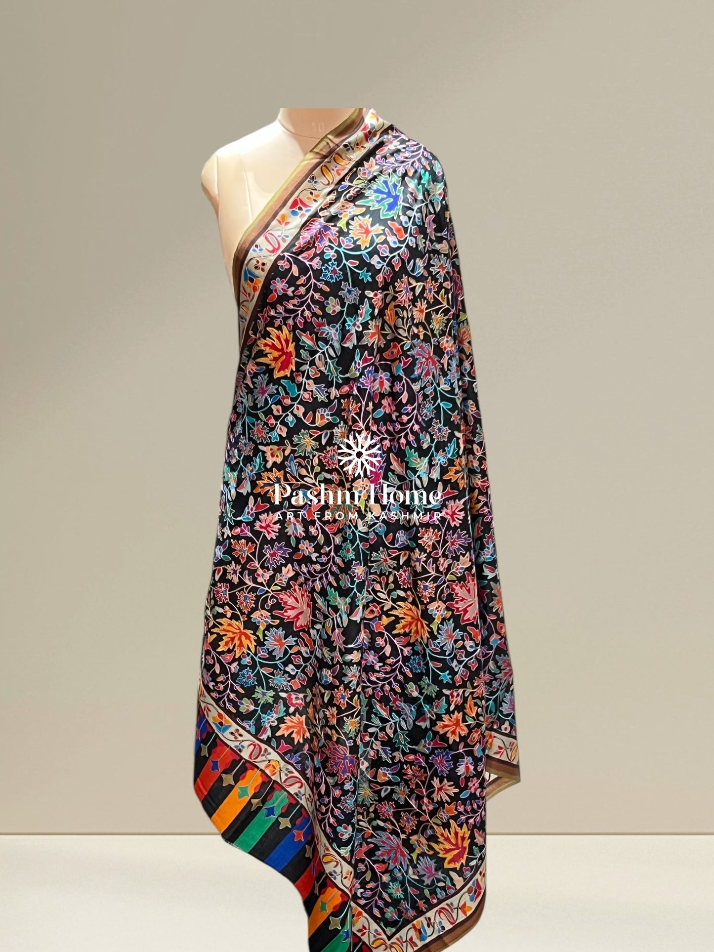 Black Multicolour Fine Wool Kalamkari Shawl