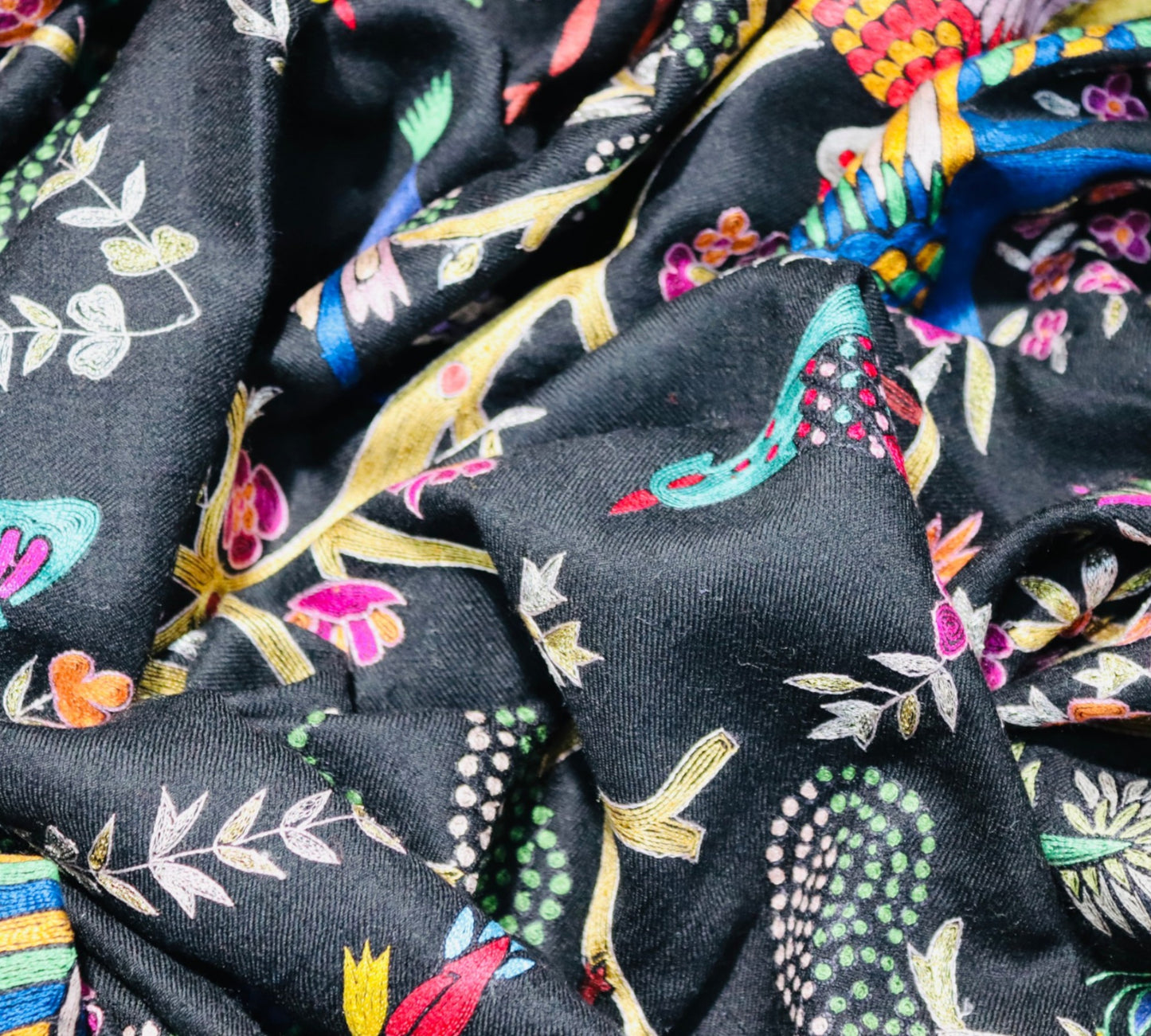 Black Birds Design Pure Pashmina Handmade Kalamkari Shawl