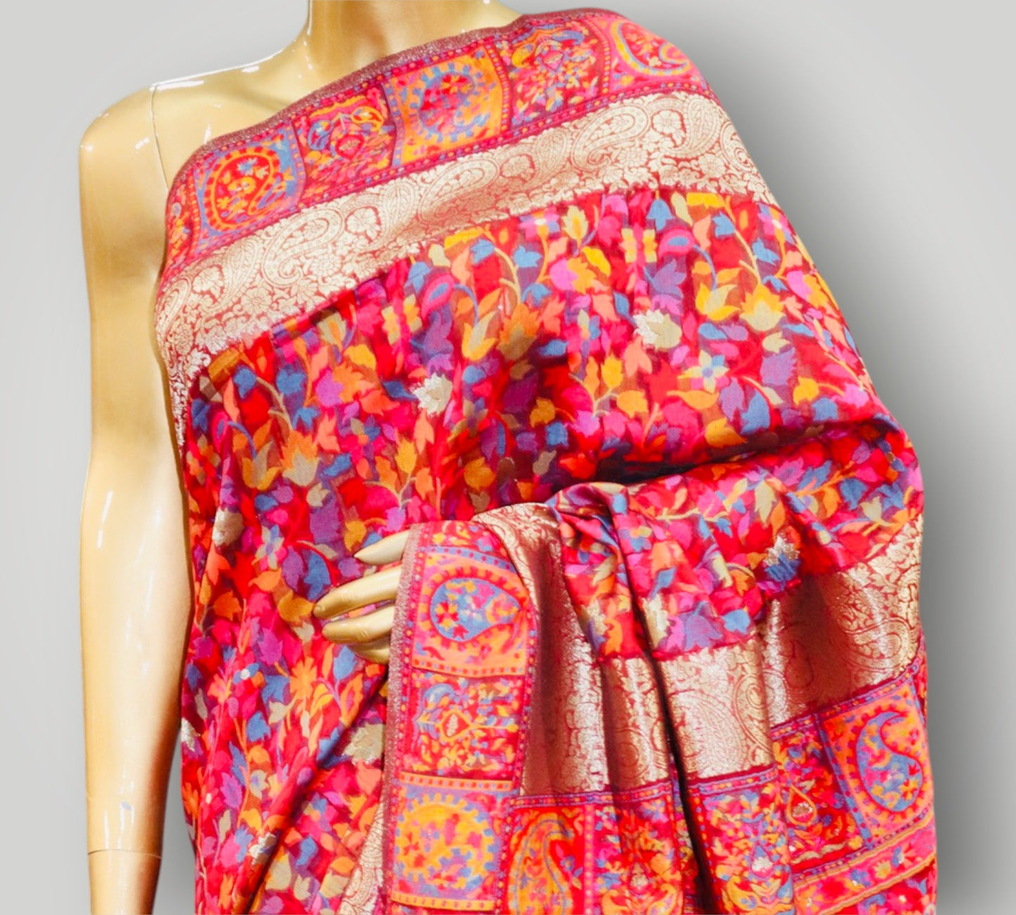 Red Kani Silk Saree With Resham Border