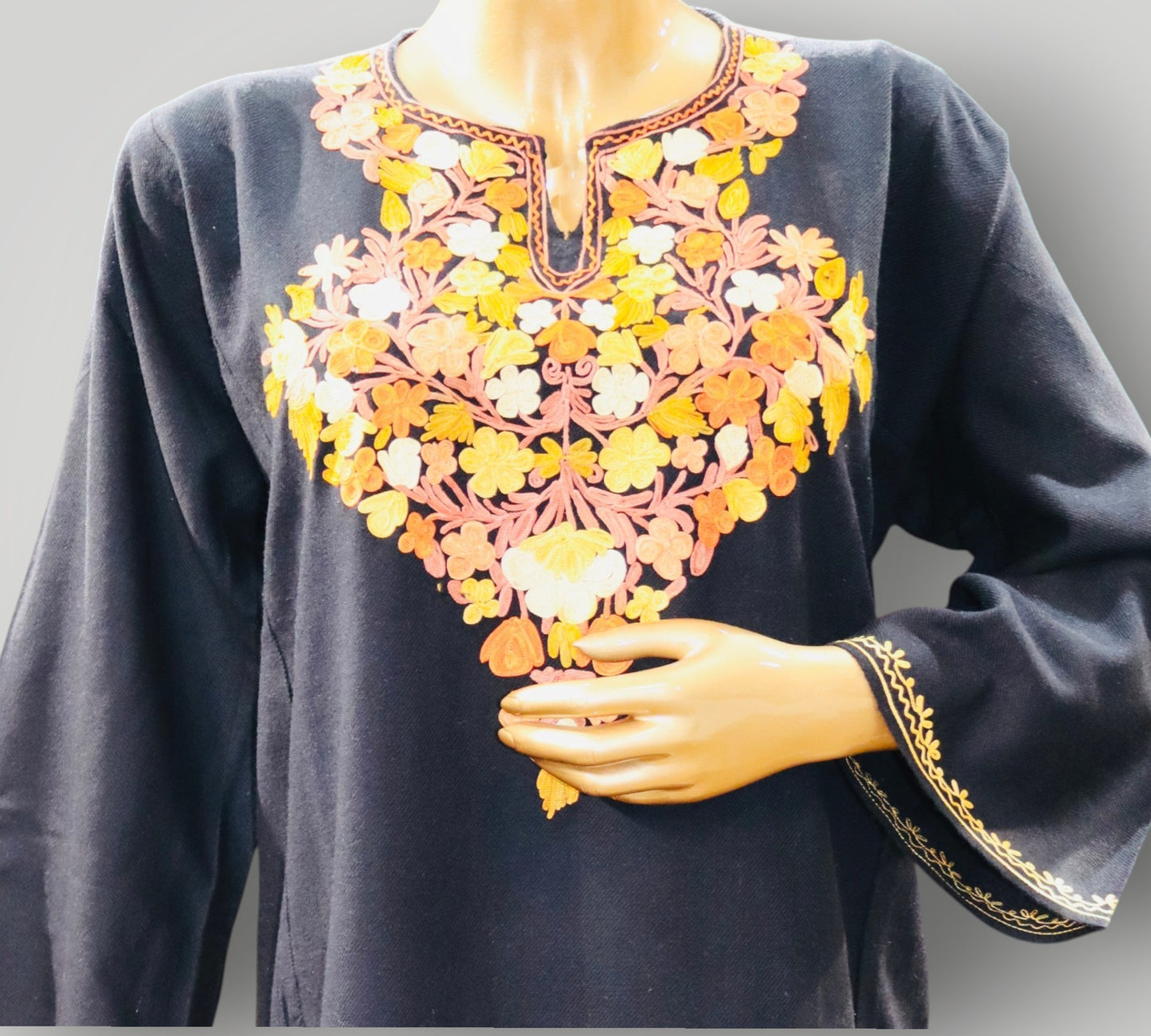 Black Handwork Ari Wool Pheran With Multicoloured Embroidery