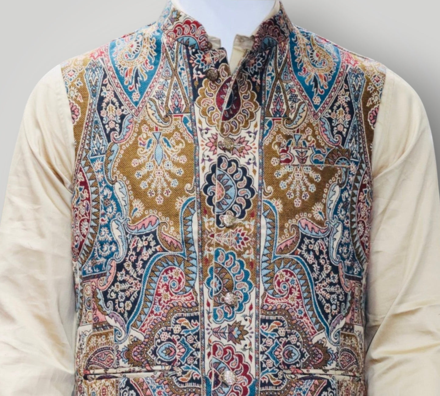 Brown Multicolour Kani Embroidered Jamawar Waistcoat