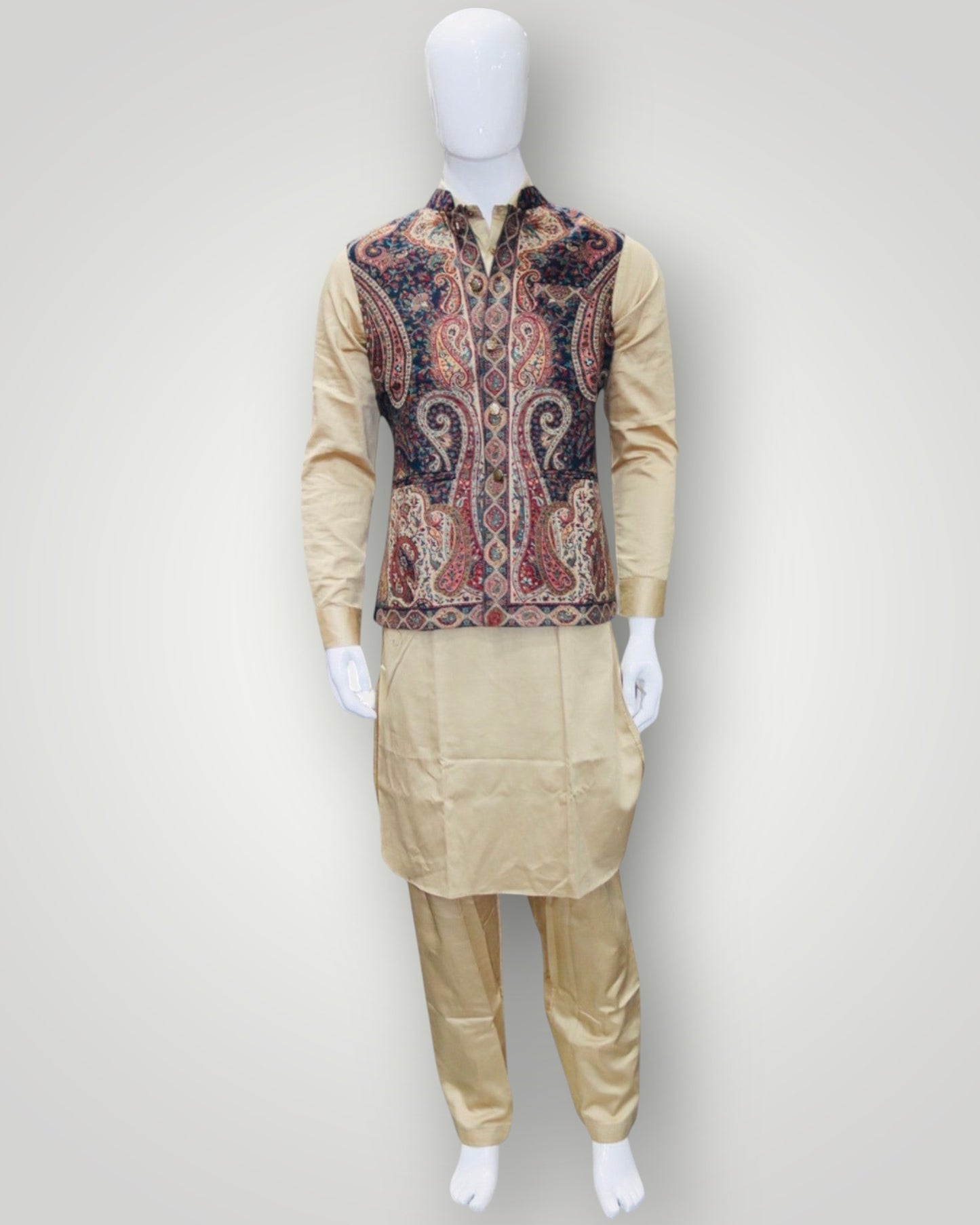 Beige And Brown Kani Embroidered Jamawar Waistcoat