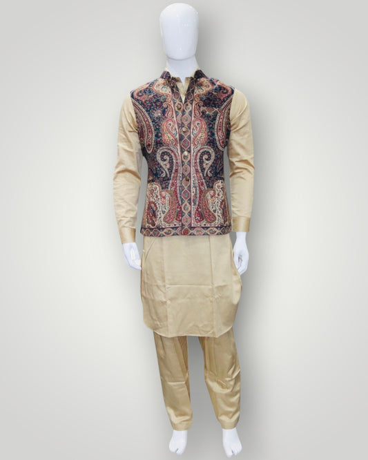 Beige And Brown Kani Embroidered Jamawar Waistcoat