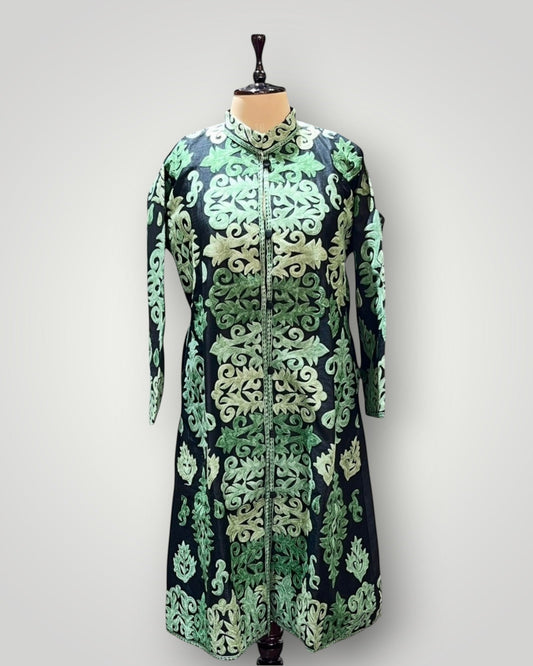 Black And Green Cashmere Silk Hand Embroidered Ari Long Jacket