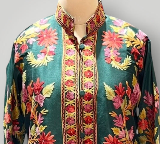 Floral Green Cashmere Silk Hand Embroidered Ari Long Jacket