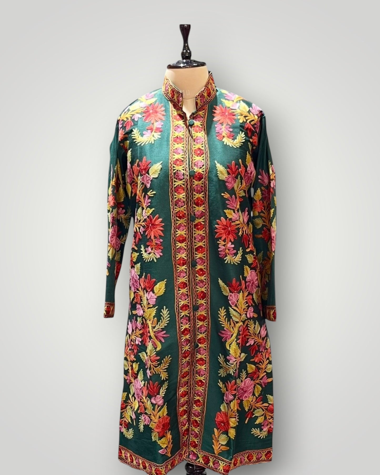 Floral Green Cashmere Silk Hand Embroidered Ari Long Jacket