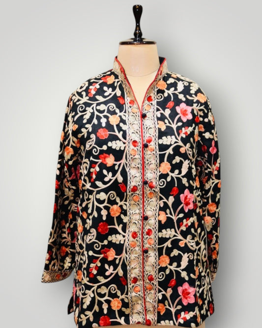 Black Multicolour Cashmere With Embroidery Ari Short Jacket