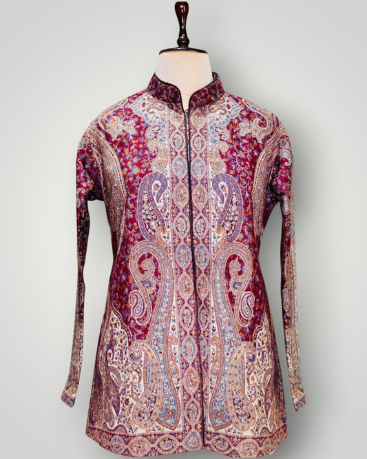 Maroon Pure Wool Kani Jamawar Short Jacket