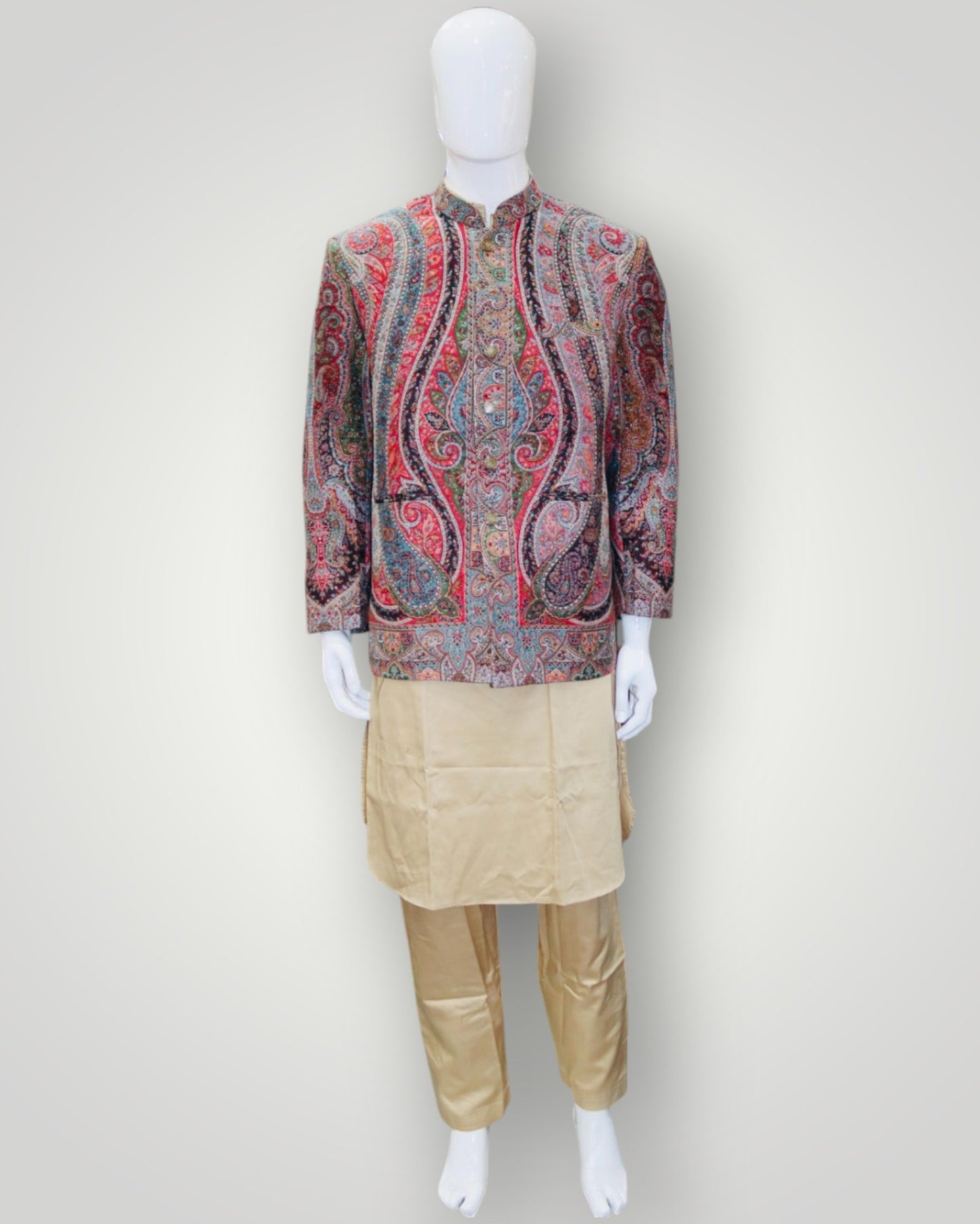 Beige Muticolour Kani Embroidered Jamawar Coat