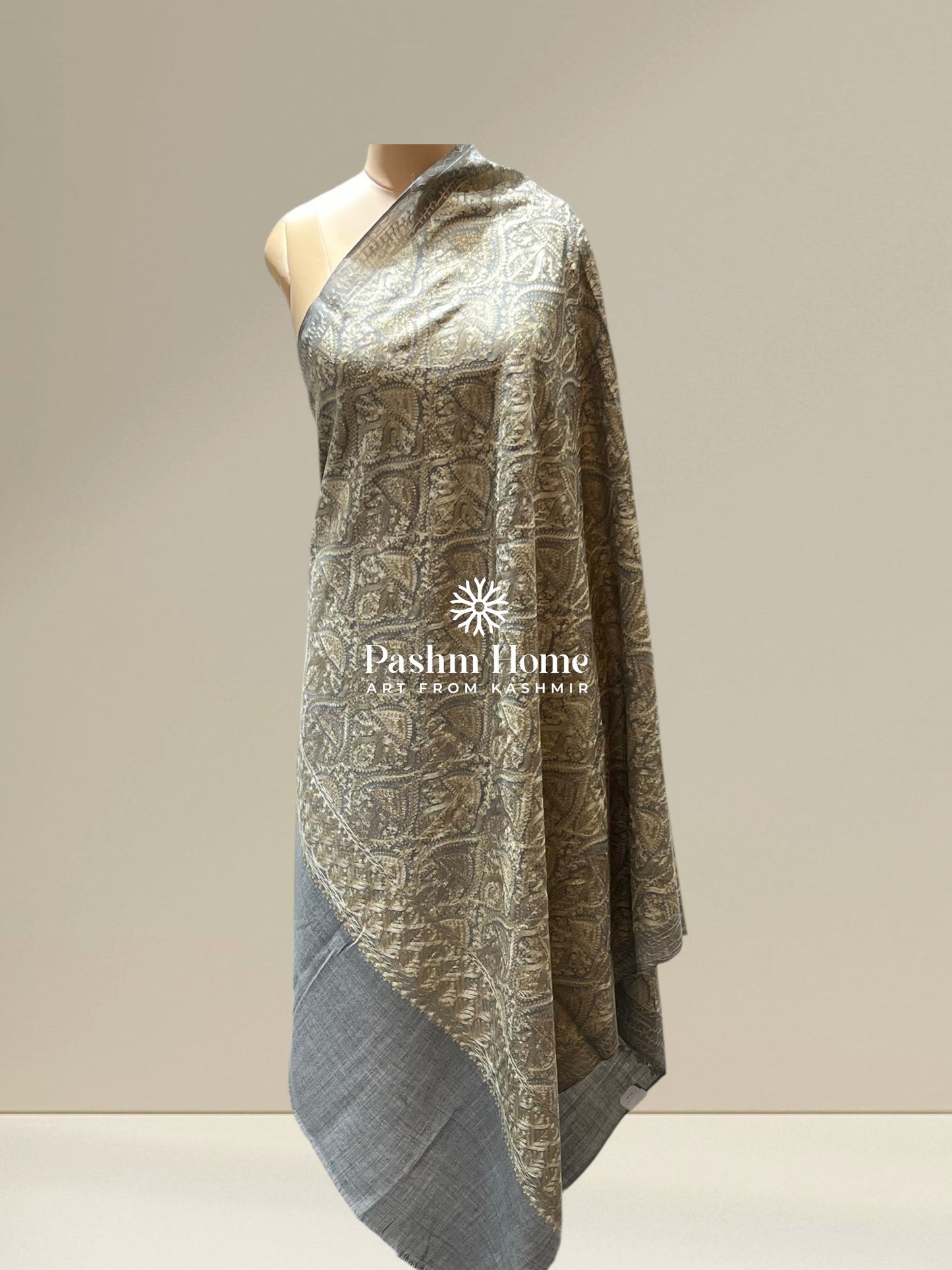 Dark Grey Fine Wool Zari Shawl